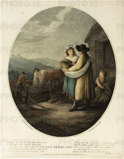 February, October 1, 1793, Francesco Bartolozzi (Italian, 1727-1815), after William Hamilton (English, 1751-1801), published by John and Josiah Boydell (English, 18th century), Italy, Color stipple engraving on paper, 307 x 253 mm (image), 363 x 281 mm (sheet)
