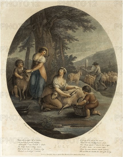 July, July 10, 1789, Francesco Bartolozzi (Italian, 1727-1815), after William Hamilton (English, 1751-1801), published by John and Josiah Boydell (English, 18th century), Italy, Color stipple engraving on paper, 306 x 255 mm (image), 355 x 275 mm (sheet)