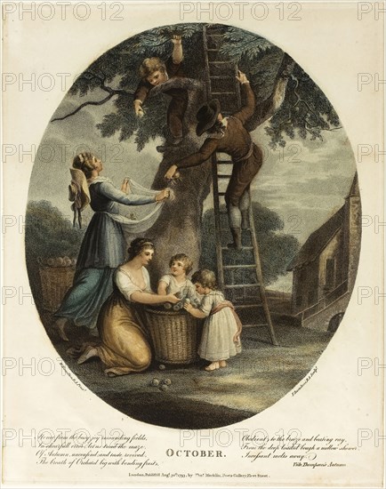 October, August 30, 1793, Francesco Bartolozzi (Italian, 1727-1815), after William Hamilton (English, 1751-1801), published by John and Josiah Boydell (English, 18th century), Italy, Color stipple engraving on paper, 302 x 250 mm