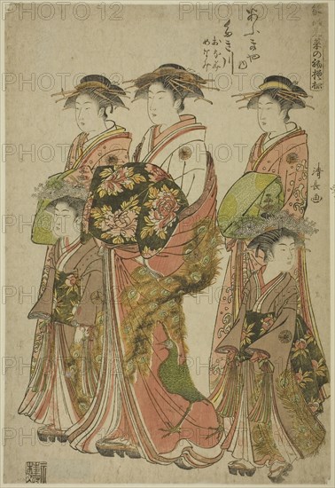 The Courtesan Takigawa of the Ogiya with Her Attendants Onami and Menami, from the series Models for Fashion: New Designs as Fresh as Young Leaves (Hinagata wakana no hatsu moyo), 1783, Torii Kiyonaga, Japanese, 1752-1815, Japan, Color woodblock print, oban, 38.3 x 25.9 cm