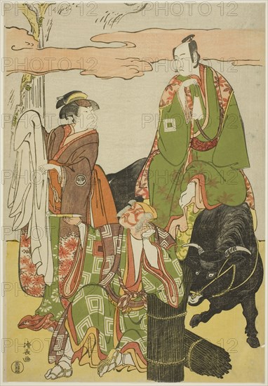 The Actors Ichikawa Monnosuke II as Miyukinosuke, Segawa Kikunojo III as Hatsune-hime, and Ichikawa Danjuro V as Ninnaji no Saibei, in the joruri Shitenno Oe no Yamairi, performed at the Kiri Theater in the eleventh month, 1785, 1785, Torii Kiyonaga, Japanese, 1752-1815, Japan, Color woodblock print, oban, 38.7 x 26.8 cm (15 1/4 x 10 9/16 in.)