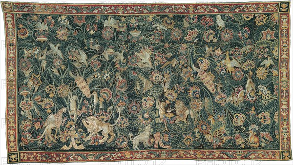 Large Leaf Verdure with Animals and Birds, 1525/50, Tournai or possibly Bruges, Southern Netherlands (now Belgium), Southern Netherlands, Wool, slit, single dovetailed, and double interlocking tapestry weave, 599.15 x 336.4 cm (235 7/8 x 132 3/8 in.)