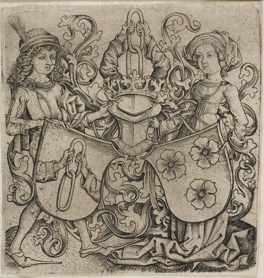 Coat of Arms of Rohrbach and Eilge von Holzhausen, after 1470, Master bxg (German, active ca. 1470–90), after Master of the Housebook (German, active c. 1470-1500), Bayern, Engraving in black on buff laid paper, 96 × 92 mm (plate), 99 × 93 mm (sheet)