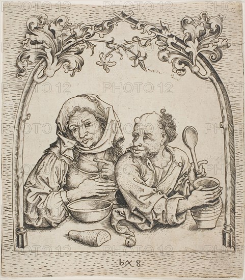 Old Man and Woman at a Window, c. 1480, Master bxg, German, active ca. 1470–90, Germany, Engraving in black on ivory laid paper, 180 × 159 mm (sheet, trimmed to platemark)