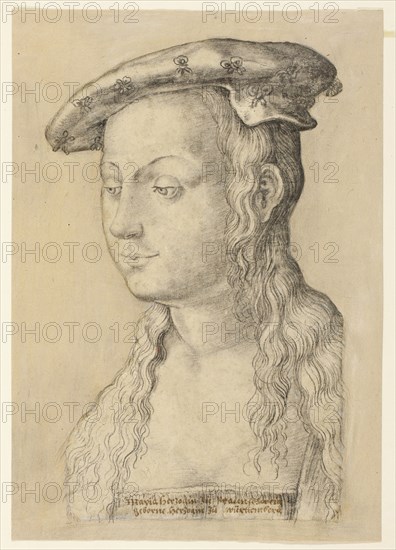Maria Duchess of Brunswick, Born Duchess of Wurttemburg, n.d., Attributed to Christoph Schwarz, German, 1545-1592, Germany, Charcoal on ivory laid paper, cut out and edge- mounted to buff laid paper, laid down on tan laid paper, 318 x 223 mm