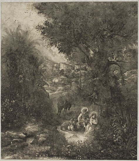 Rest on the Flight into Egypt with Saddled Donkey, 1871, Rodolphe Bresdin, French, 1825-1885, France, Lithograph (etching transfer) on cream China paper laid down on white wove paper, 230 × 198 mm (image/chine), 395 × 281 mm (sheet)
