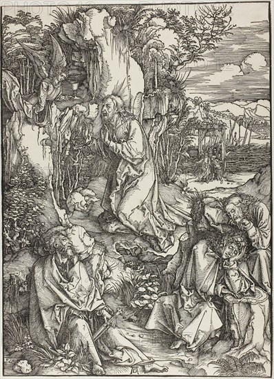 Agony in the Garden, from The Large Passion, c. 1496–97, Albrecht Dürer, German, 1471-1528, Germany, Woodcut in black on ivory laid paper, 389 x 281 mm