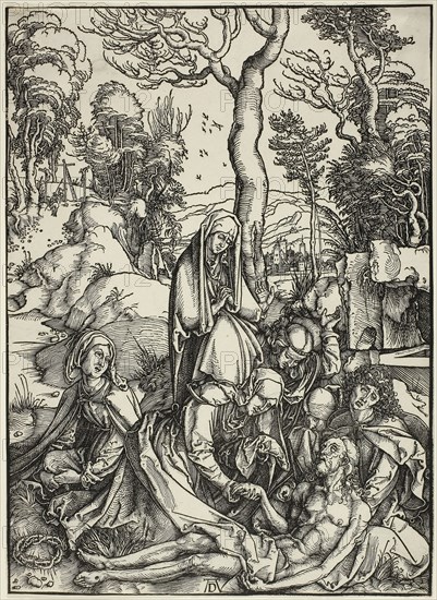 The Lamentation, from The Large Passion, c. 1498–99, published 1511, Albrecht Dürer, German, 1471-1528, Germany, Woodcut in black on ivory laid paper, 392 x 284 mm