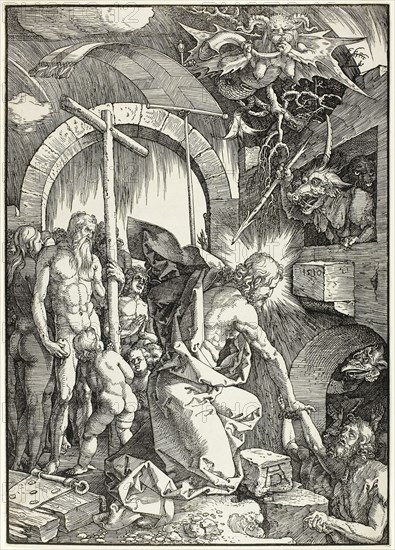 The Harrowing of Hell, Christ in Limbo, plate nine from The Large Passion, 1510, Albrecht Dürer, German, 1471-1528, Germany, Woodcut in black on ivory laid paper, 402 x 287 mm