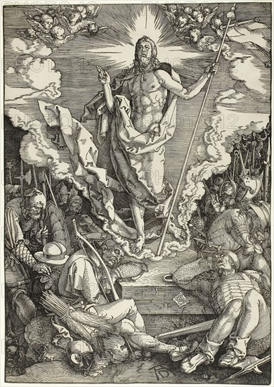 The Resurrection, from The Large Passion, 1510, published 1511, Albrecht Dürer, German, 1471-1528, Germany, Woodcut in black on ivory laid paper, 401 x 282 mm