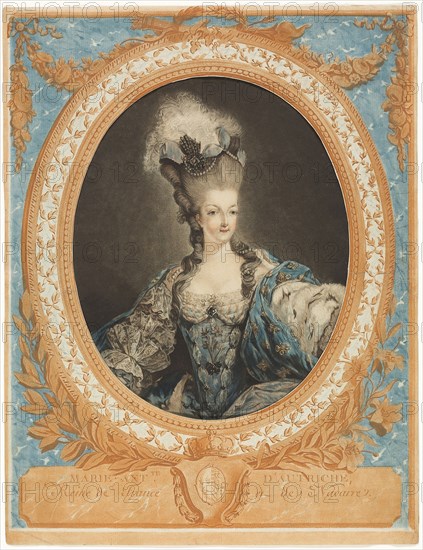 Marie Antoinette, 1777, Jean Francois Janinet (French, 1752-1814), After Jean-Baptiste-André Gautier D’Agoty (French, 1740–1786), France, Etching and engraving printed on two sheets as follows: oval portrait in wash manner on full sheet in yellow, blue, red, and black from four plates, decorative frame cut out in center, in blue and orange from two plates, 252 × 203 mm (image/sight), 395 × 304 mm (frame)