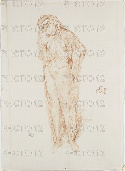 Draped Figure, Standing, 1891, James McNeill Whistler, American, 1834-1903, United States, Lithograph, from thin, transparent paper, from four stones, red-orange and brown (keystone), orange, and ochre inks, on ivory laid paper, 227 x 112 mm (image), 270 x 172 mm (with registration marks), 278 x 201 mm (sheet)