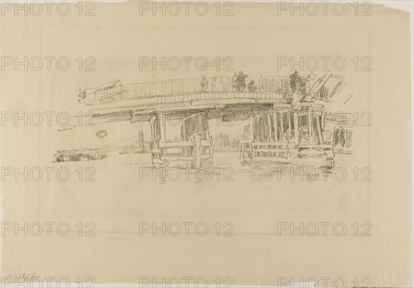 Old Battersea Bridge, 1879/87, James McNeill Whistler, American, 1834-1903, United States, Lithograph, in black ink, with scraping, on tan laid paper, 144 x 332 mm (image), 309 x 450 mm (sheet)