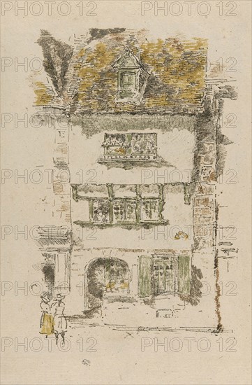 Yellow House, Lannion, 1893, James McNeill Whistler, Printed by Henry Belfond, American, 1834-1903, United States, Transfer lithograph, with scraping, from six stones in black (keystone), greenish gray, brown, green, yellow, and gray on ivory laid paper, 242 x 162 mm (image), 367 x 242 mm (sheet)