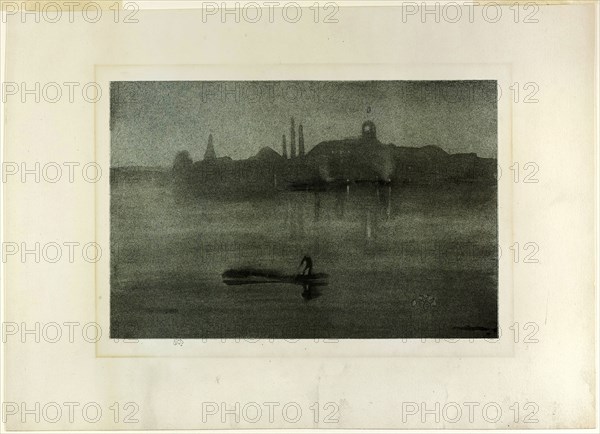 Nocturne, 1878, published 1887, James McNeill Whistler, American, 1834-1903, United States, Lithotint from a prepared half-tint ground, in black ink, with scraping, on blue laid chine laid down on ivory plate paper, 171 x 259 mm (image), 172 x 258 mm (primary support), 282 x 392 mm (secondary support)