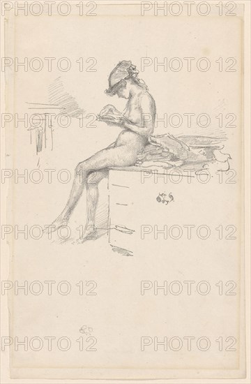 The Little Nude Model, Reading, 1889/90, James McNeill Whistler, American, 1834-1903, United States, Transfer lithograph in black on ivory laid paper, 167 x 179 mm (image), 320 x 205 mm (sheet)