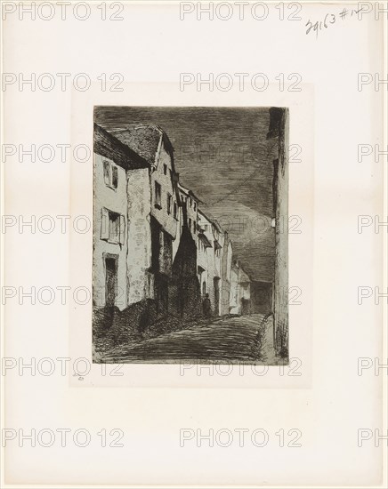 Street at Saverne, 1858, James McNeill Whistler, American, 1834-1903, United States, Etching with foul biting in black ink on light blue wove paper laid down on off-white wove paper (chine collé), 208 x 159 mm (plate), 387 x 306 mm (sheet)