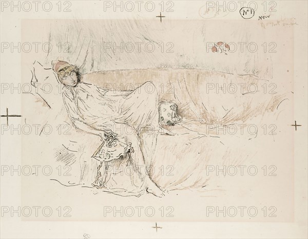 Draped Figure, Reclining, 1892, James McNeill Whistler, American, 1834-1903, United States, Transfer lithograph from five stones, in black (keystone), blue-green, olive green, yellow-green, yellow, purple-brown, pale ochre, orange-red, and rose on ivory wove paper, 180 x 258 mm (image), 218 x 285 mm (with four registration marks and color notations), 278 x 367 mm (sheet)