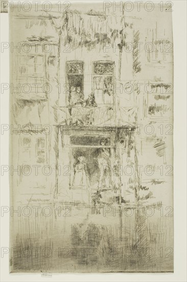 Balcony, Amsterdam, 1889, James McNeill Whistler, American, 1834-1903, United States, Etching and drypoint in black ink on ivory laid paper, 271 x 162 mm (image, trimmed within plate mark), 274 x 162 mm (sheet)