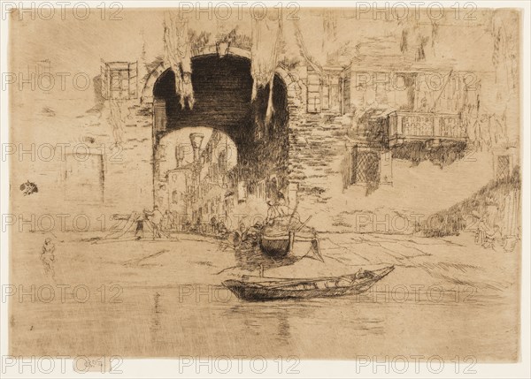 San Biagio, 1880, James McNeill Whistler, American, 1834-1903, United States, Etching and drypoint with foul biting in dark brown ink on ivory Asian laid paper altered to buff, 210 x 304 mm (image, trimmed within plate mark), 216 x 304 mm (sheet)