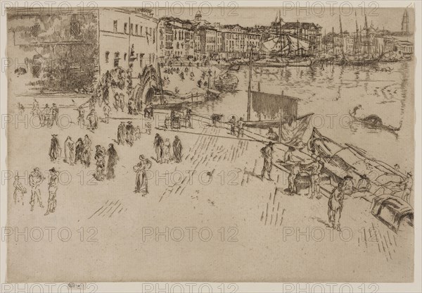 The Riva, 1879/80, James McNeill Whistler, American, 1834-1903, United States, Etching and drypoint with foul biting in dark brown ink on ivory laid paper, 202 x 299 mm (image, trimmed within plate mark), 207 x 299 mm (sheet)