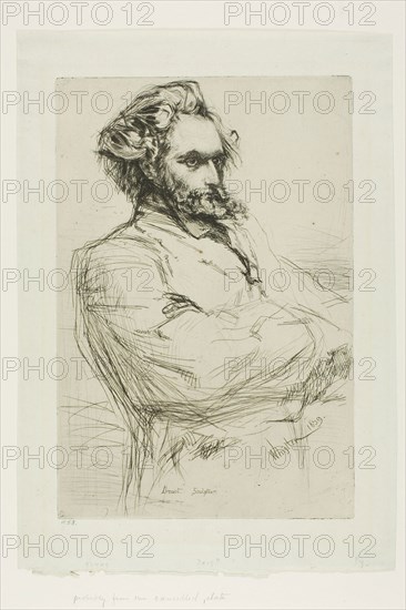 C. L. Drouet, Sculptor, 1859, James McNeill Whistler, American, 1834-1903, United States, Etching and drypoint in black ink on light green laid paper, 226 x 152 mm (plate), 277 x 194 mm (sheet)