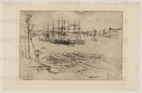 Wapping, The Pool, 1878/79, James McNeill Whistler, American, 1834-1903, United States, Etching and drypoint in black ink on ivory laid paper, 187 x 277 mm (plate), 239 x 367 mm (sheet)