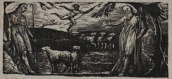 Thenot Remonstrates with Colinet, Lightfoot in Background, from The Pastorals of Virgil, 1821, William Blake, English, 1757-1827, England, Wood engraving on off-white wove paper, 33 × 73 mm (image/block), 39 × 78 mm (sheet)