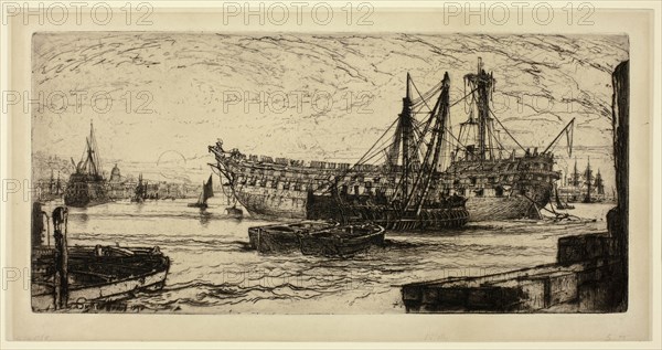 Breaking Up of the Agamemnon, No. 1, 1870, Francis Seymour Haden, English, 1818-1910, England, Etching on cream wove paper, 195 × 415 mm (image/plate), 231 × 448 mm (sheet)