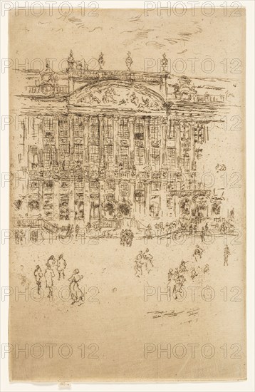 Grand’ Place, Brussels, 1887, James McNeill Whistler, American, 1834-1903, United States, Etching and drypoint with foul biting in black ink on cream laid paper, 221 x 142 mm (image, trimmed within plate mark), 224 x 142 mm (sheet)