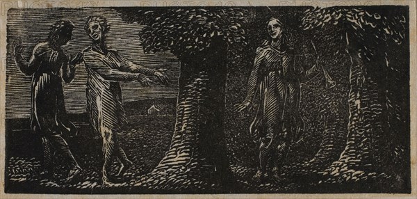 Colinet Mocked by Two Boys, from The Pastorals of Virgil, 1821, William Blake, English, 1757-1827, England, Wood engraving on off-white wove paper, 35 × 77 mm (image/block), 38 × 80 mm (sheet)