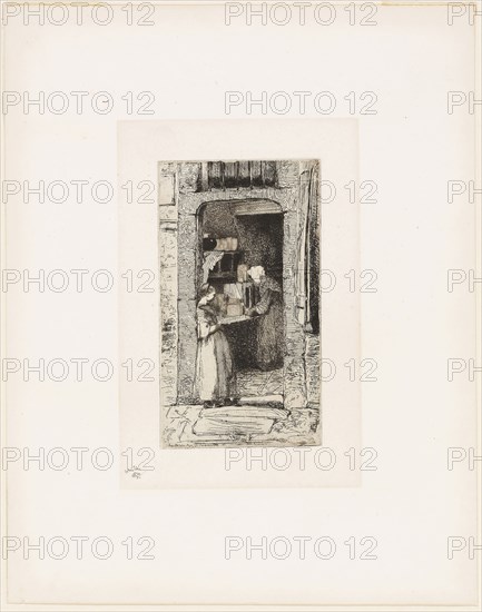 La Marchande de Moutarde (The Mustard Seller), 1858, James McNeill Whistler, American, 1834-1903, United States, Etching with foul biting in black ink on off-white China paper laid down on off-white wove paper, chine collé, 157 x 89 mm (plate), 328 x 257 mm (sheet)