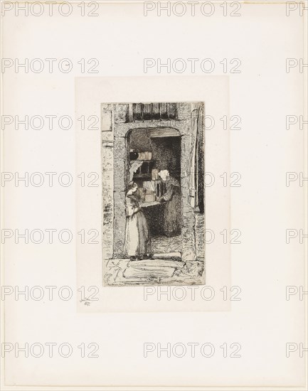 La Marchande de Moutarde (The Mustard Seller), 1858, James McNeill Whistler, American, 1834-1903, United States, Etching with foul biting in black ink on off-white China paper laid down on off-white wove paper, chine collé, 157 x 89 mm (plate), 328 x 257 mm (sheet)