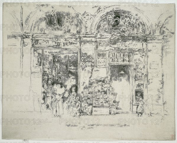 Sunflowers, Marché St Germain, Paris, 1888/93, James McNeill Whistler, American, 1834-1903, United States, Etching with foul biting in black ink on ivory Japanese paper, 220 x 278 mm (image, trimmed within plate mark), 223 x 278 mm (sheet)