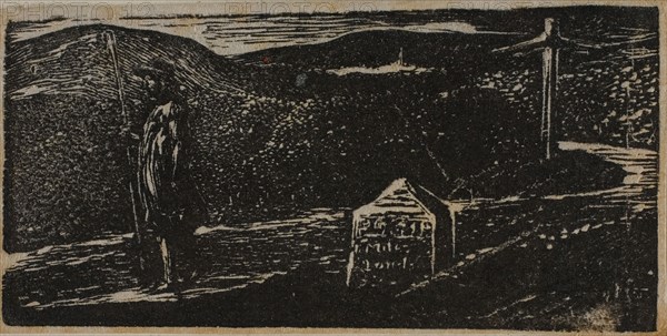Colinet’s Journey: Milestone Marked LXII Miles to London, from The Pastorals of Virgil, 1821, William Blake, English, 1757-1827, England, Wood engraving on off-white wove paper, 37 × 74 mm (image/block), 39 × 76 mm (sheet)