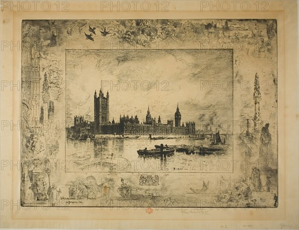 Westminster Palace, London, 1884, Félix Hilaire Buhot, French, 1847-1898, France, Etching and drypoint on cream chine, 290 × 395 mm (plate), 358 × 461 mm (sheet)