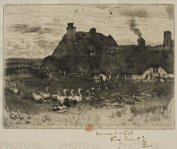 The Little Thatched Cottages, 1878, Félix Hilaire Buhot, French, 1847-1898, France, Etching, drypoint and aquatint on ivory laid paper, 100 × 137 mm (plate), 191 × 234 mm (sheet)