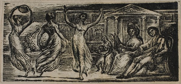 Menalcas Watching Women Dance, from The Pastorals of Virgil, 1821, William Blake, English, 1757-1827, England, Wood engraving on off-white wove paper, 34 × 77 mm (image/block), 5 × 79 mm (sheet)