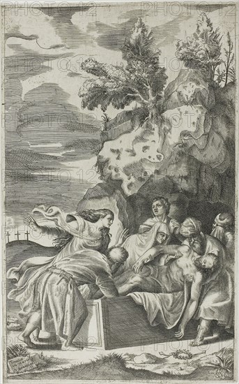 The Entombment, 1563, Giulio di Antonio Bonasone (Italian, about 1510–after 1576), after Titian (Italian, c. 1488-1576), Italy, Engraving on paper, 292 x 178 mm (plate), 296 x 183 mm (sheet)