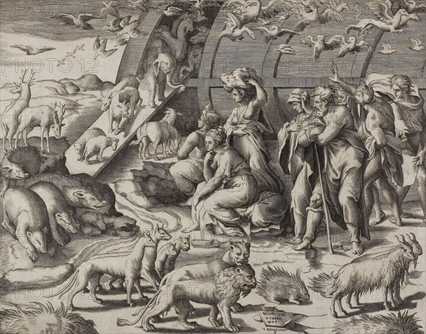Descent from the Ark, 1544, Giulio di Antonio Bonasone (Italian, about 1510–after 1576), after Raffaello Sanzio, called Raphael (Italian, 1483-1520), Italy, Engraving printed in black on paper, 306 x 384 mm