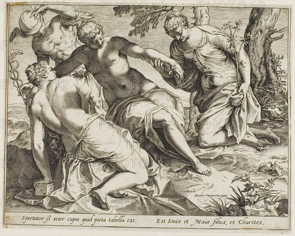 Mercury and the Graces, 1589, Agostino Carracci (Italian, 1557-1602), after Jacopo Robusti, called Tintoretto (Italian, 1519-1594), Italy, Engraving with etching in black ink on ivory laid paper, 202 x 258 mm (image), 205 x 258 mm (plate), 208 x 258 mm (sheet)