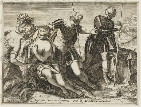 Mars Driven Away from Peace and Abundance by Minerva, 1589, Agostino Carracci (Italian, 1557-1602), after Jacopo Robusti, called Tintoretto (Italian, 1519-1594), Italy, Engraving in black on ivory laid paper, 192 x 254 mm (image), 195 x 256 mm (sheet, trimmed along platemark)
