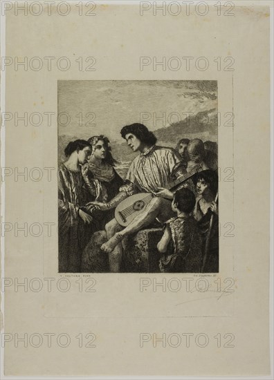 The Minstrel, 1873, Charles Jean Louis Courtry (French, 1846-1897), after Thomas Couture (French, 1815-1879), France, Etching on paper, 171 × 142 mm (image), 230 × 168 mm (plate), 329 × 235 mm (sheet)