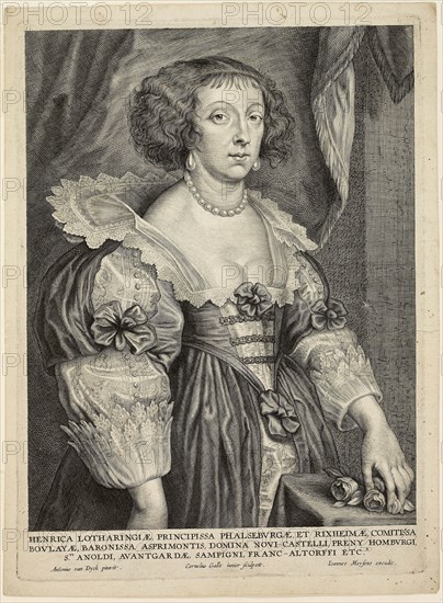 Henriette de Lorraine, n.d., Cornelis Galle II (Flemish, 1615-1678), after Anthony van Dyck (Flemish, 1599-1641), printed by Ioannes Meyfens (probably Flemish, 17th century), Flanders, Engraving in black on ivory laid paper, 251 × 195 mm (image), 280 × 204 mm (plate), 297 × 219 mm (sheet)