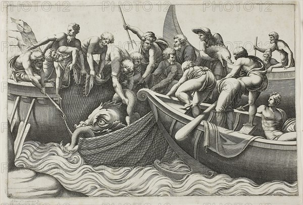Fishermen Catching a Sea Monster, 1560/70, Adamo Scultori (Italian, c. 1530-1587), after Giulio Romano (Italian, c. 1499-1546), Italy, Engraving in black on ivory laid paper, 210 x 314 mm