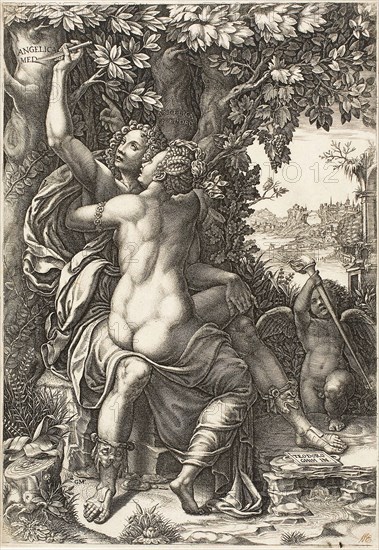 Angelica and Medoro, c. 1570, Giorgio Ghisi (Italian, 1520-1582), after Teodoro Ghisi (Italian, died 1601), Italy, Engraving in black on ivory laid paper, 299 x 209 mm