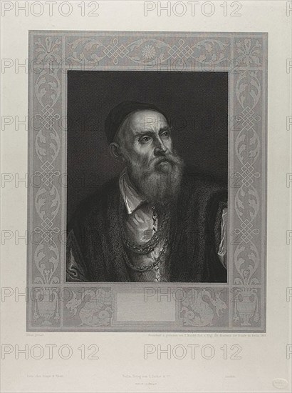 Portrait of Titian, 1843, Johann August Eduard Mandel (German, 1810-1882), after Titian (Italian, c. 1488-1576), Germany, Engraving in black on paper, 308 x 247 mm (image), 408 x 310 mm (plate), 452 x 347 mm (sheet)