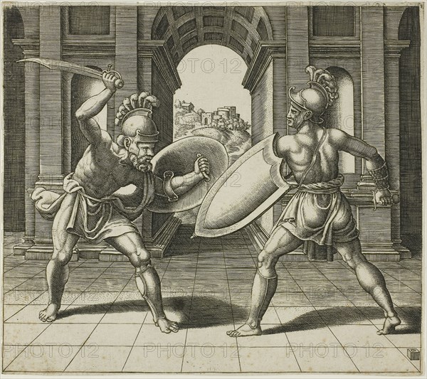 The Two Gladiators, n.d., Master of the Die (Italian, active c. 1530–1560), After Giulio Romano (Italian, c. 1499–1546), Italy, Engraving in black on cream laid paper, 207 x 232 mm