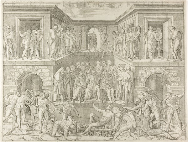 Martyrdom of Saint Lawrence, 1520/25, Marcantonio Raimondi (Italian, c.1480-1534), after Baccio Bandinelli (Italian, 1495-1543), Italy, Engraving in black on paper, 437 x 578 mm (plate), 447 x 590 mm (sheet)