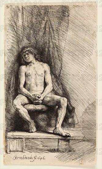 Nude Man Seated before a Curtain, 1646, Rembrandt van Rijn, Dutch, 1606-1669, Holland, Etching on ivory laid paper, 165 x 94 mm (image/plate), 167x 98 mm (sheet)